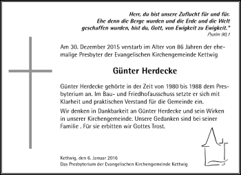 Traueranzeige von Günter Herdecke von Kettwig Kurier