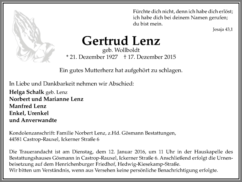  Traueranzeige für Gertrud Lenz vom 02.01.2016 aus Stadtanz.Castrop-Rauxel