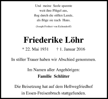 Traueranzeige von Friederike Löhr von Steeler Kurier