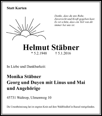 Traueranzeige von Helmut Stäbner von Stadtanz.Castrop-Rauxel