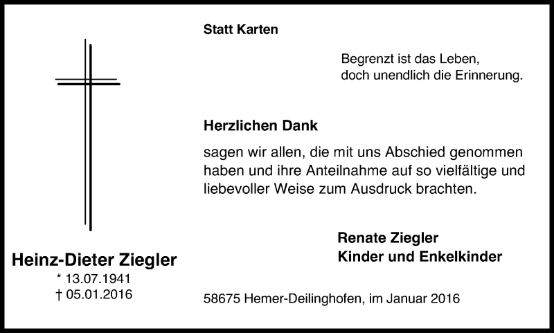  Traueranzeige für Heinz-Dieter Ziegler vom 23.01.2016 aus Stadtspiegel Iserlohn + Hemer