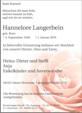 Traueranzeige von Hannelore Langerbein von Lüner Anzeiger