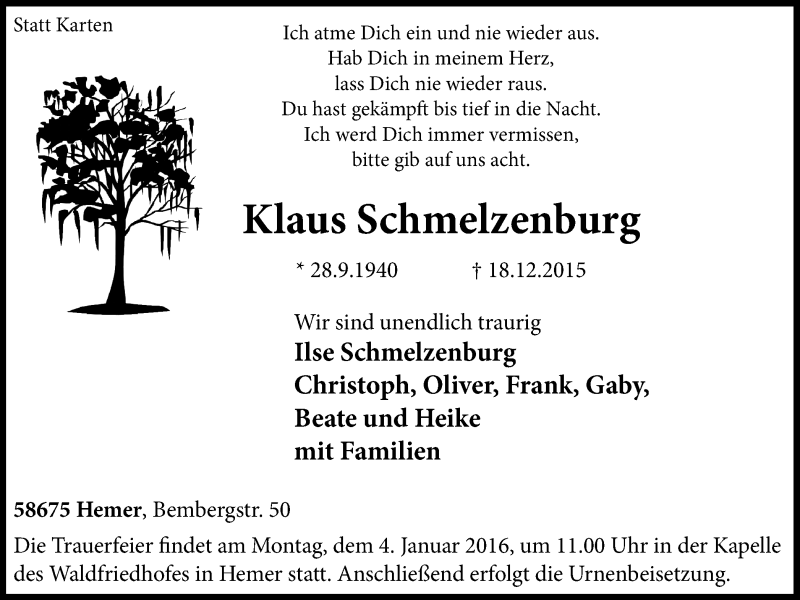  Traueranzeige für Klaus Schmelzenburg vom 02.01.2016 aus Stadtspiegel Iserlohn + Hemer