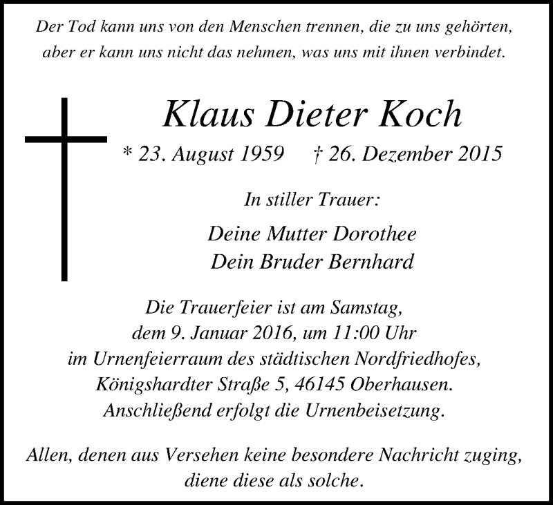  Traueranzeige für Klaus Dieter Koch vom 06.01.2016 aus Wochen-Anzeiger Oberhausen