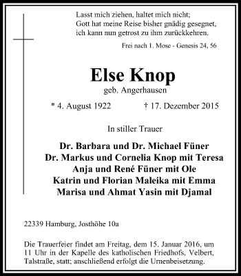 Traueranzeige von Else Knop von Stadtanzeiger Velbert + Heiligenhaus