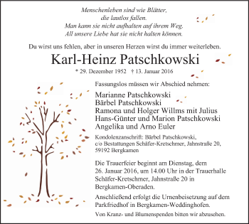 Traueranzeige von Karl-Heinz Patschkowski von Lüner Anzeiger