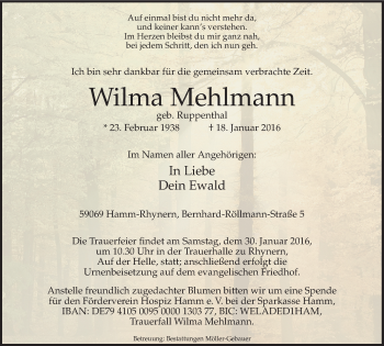 Traueranzeige von Wilma Mehlmann von Stadtanz.Castrop-Rauxel