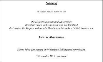 Traueranzeige von Denise Masannek von Stadtspiegel Menden + Froendenberg