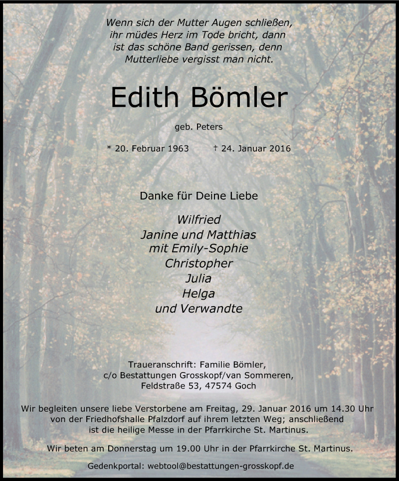  Traueranzeige für Edith Bömler vom 27.01.2016 aus Gocher Wochenblatt
