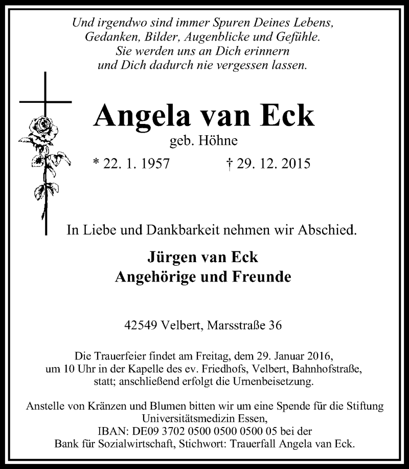 Traueranzeige für Angela van Eck vom 23.01.2016 aus Stadtanzeiger Velbert + Heiligenhaus