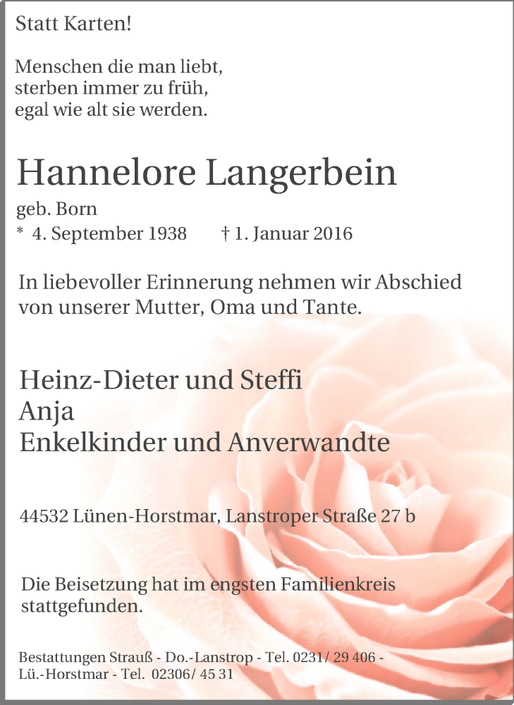  Traueranzeige für Hannelore Langerbein vom 16.01.2016 aus Lüner Anzeiger