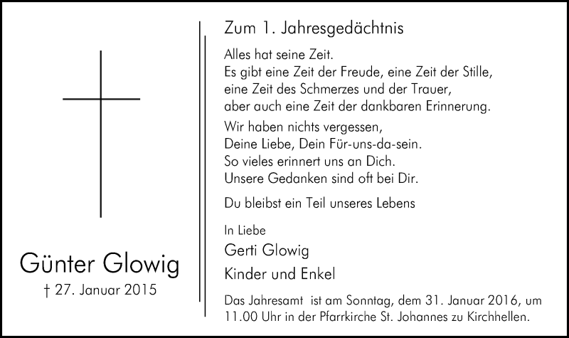  Traueranzeige für Günter Glowig vom 27.01.2016 aus Stadtspiegel Bottrop
