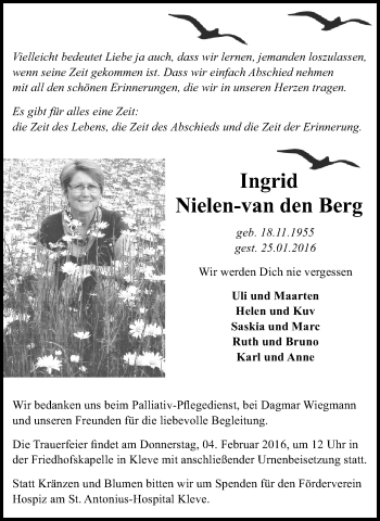 Traueranzeige von Ingrid Nielen-van den Berg von Klever Wochenblatt