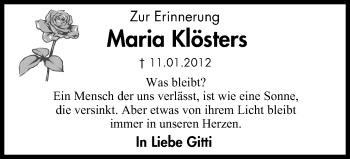 Traueranzeige von Maria Klösters von Wochen-Anzeiger Oberhausen