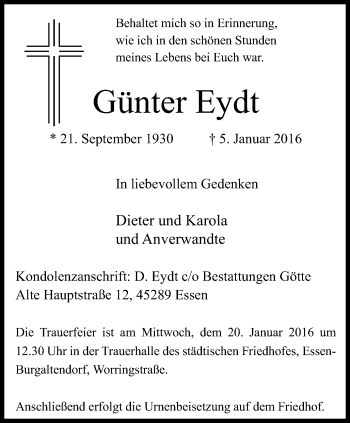 Traueranzeige von Günter Eydt von Stadtspiegel Essen