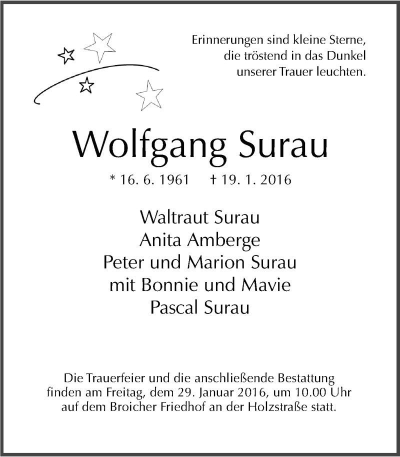  Traueranzeige für Wolfgang Surau vom 27.01.2016 aus Mülheimer Woche