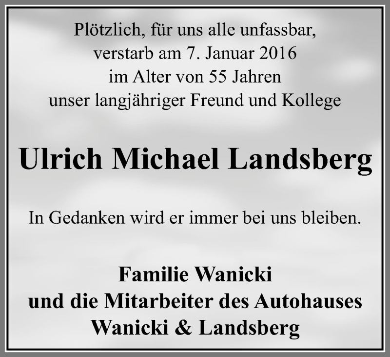  Traueranzeige für Ulrich Michael Landsberg vom 13.01.2016 aus Mülheimer Woche