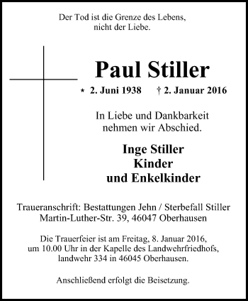 Traueranzeige von Paul Stiller von Wochen-Anzeiger Oberhausen