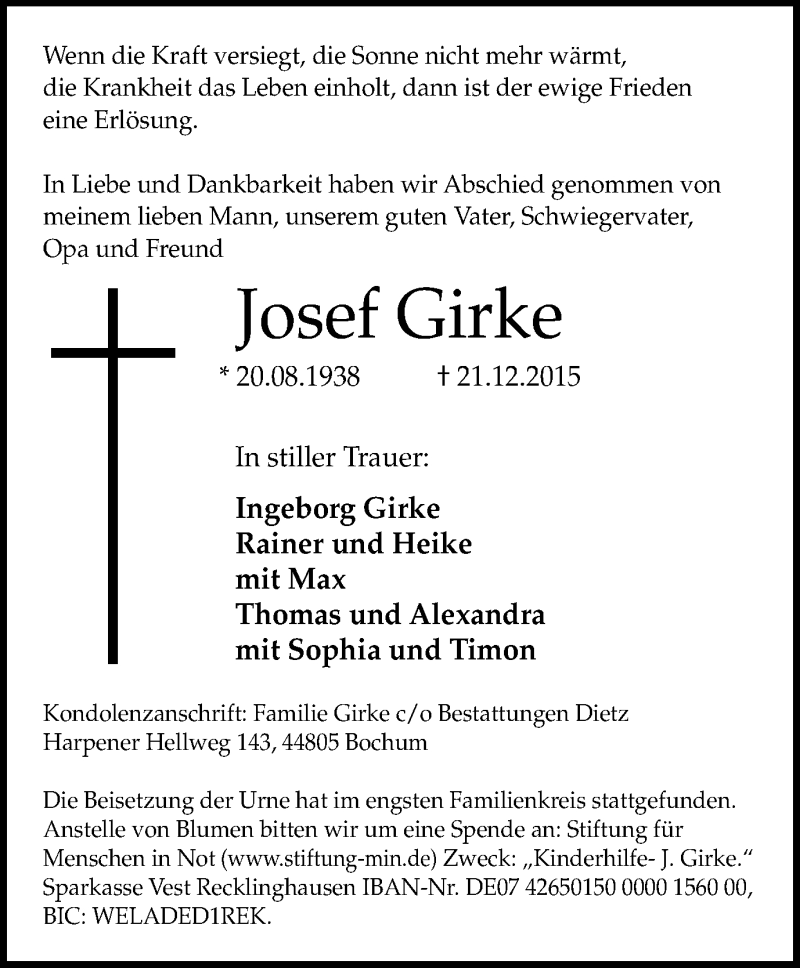  Traueranzeige für Josef Girke vom 02.01.2016 aus Stadtspiegel Bochum