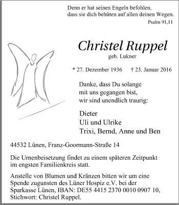 Traueranzeige von Christel Ruppel von Lüner Anzeiger