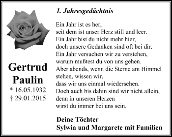 Traueranzeige von Gertrud Paulin von Stadtspiegel Iserlohn + Hemer