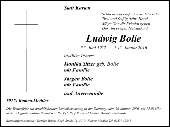 Traueranzeige von Ludwig Bolle von Stadtspiegel Kamen + Unna