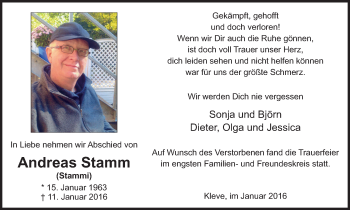 Traueranzeige von Andreas Stamm von Klever Wochenblatt