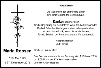 Traueranzeige von Maria Roosen von Gocher Wochenblatt