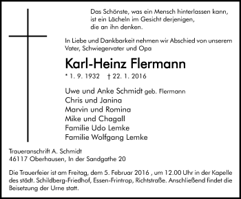 Traueranzeige von Karl-Heinz Flermann von Wochen-Anzeiger Oberhausen