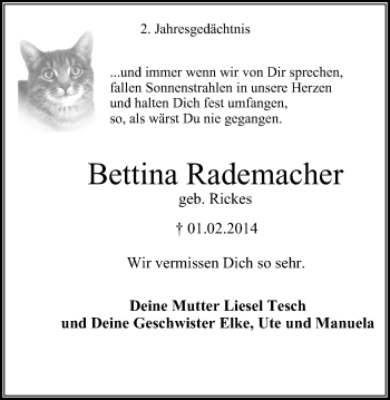 Traueranzeige von Bettina Rademacher von Stadtanzeiger Velbert + Heiligenhaus