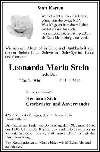 Traueranzeige von Leonarda Maria Stein von Stadtanzeiger Velbert + Heiligenhaus