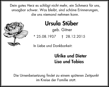 Traueranzeige von Ursula Stüber von Stadtspiegel Gladbeck