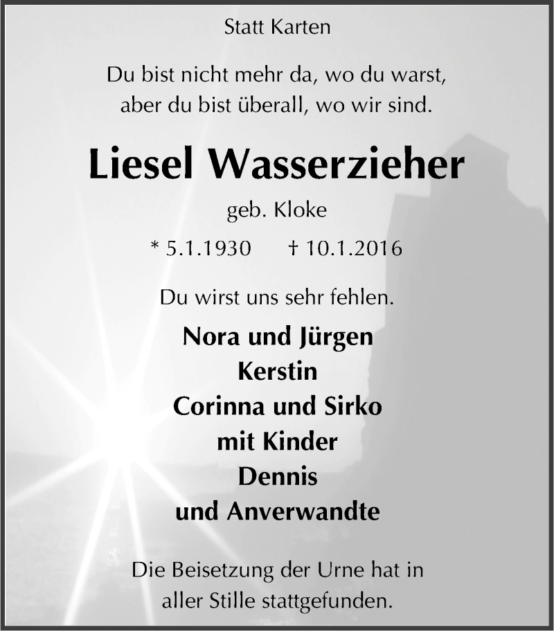 Traueranzeigen Von Liesel Wasserzieher | Trauer-in-NRW.de