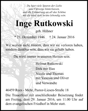 Traueranzeige von Inge Rutkowski von Stadtanzeiger Emmerich/Rees/Isselburg