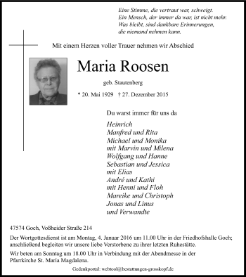 Traueranzeige von Maria Roosen von Gocher Wochenblatt