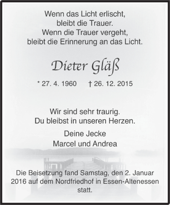 Traueranzeige von Dieter Gläß von Steeler Kurier