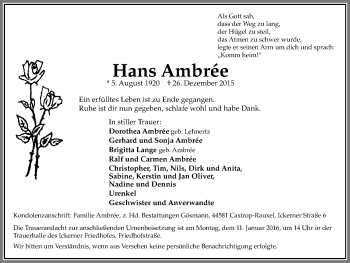 Traueranzeige von Hans Ambrée von Stadtanz.Castrop-Rauxel