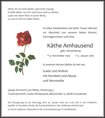 Traueranzeige von Käthe Amhausend von Stadtanzeiger Emmerich/Rees/Isselburg