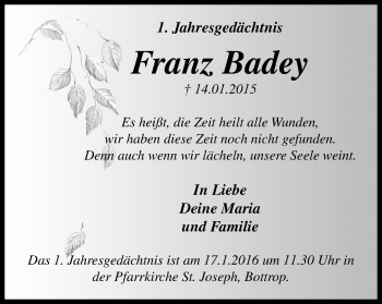 Traueranzeige von Franz Badey von Stadtspiegel Bottrop