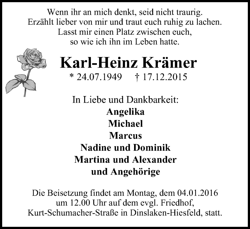  Traueranzeige für Karl-Heinz Krämer vom 02.01.2016 aus Wochen-Anzeiger Oberhausen