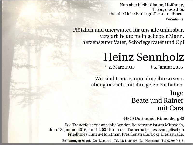 Traueranzeige für Heinz Sennholz vom 09.01.2016 aus Lüner Anzeiger