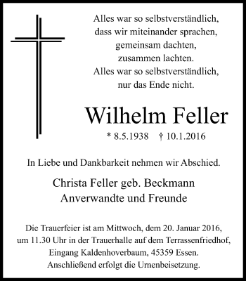 Traueranzeige von Wilhelm Feller von Steeler Kurier