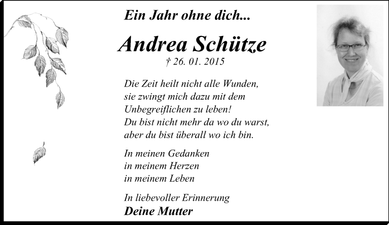  Traueranzeige für Andrea Schütze vom 27.01.2016 aus Stadtanzeiger Velbert + Heiligenhaus