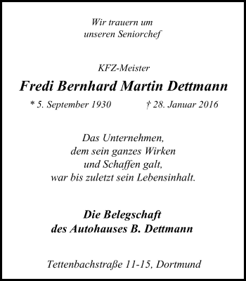 Traueranzeige von Fredi Bernhard Martin Dettmann von Lüner Anzeiger