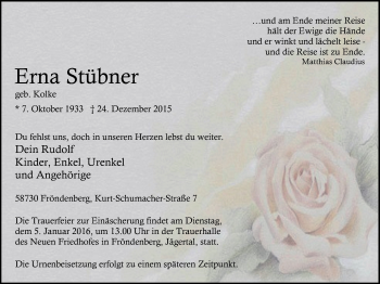 Traueranzeige von Erna Stübner von Stadtspiegel Menden + Froendenberg