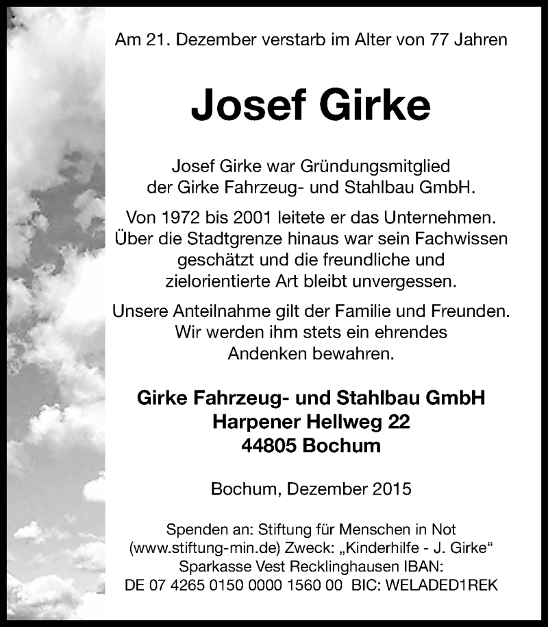  Traueranzeige für Josef Girke vom 02.01.2016 aus Stadtspiegel Bochum + Wattenscheid