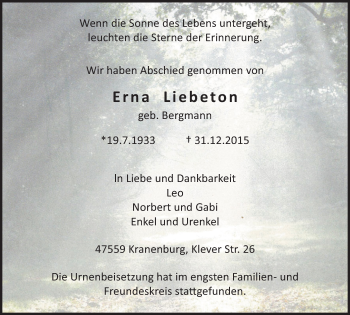 Traueranzeige von Erna Liebeton von Klever Wochenblatt