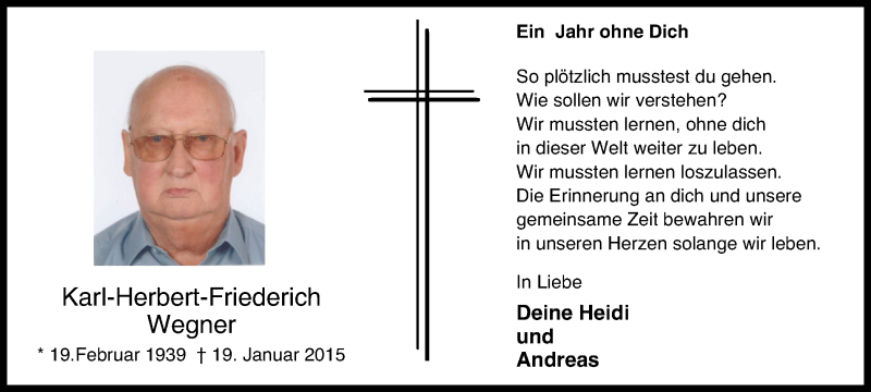 Traueranzeigen von KarlHerbertFriederich Wegner TrauerinNRW.de