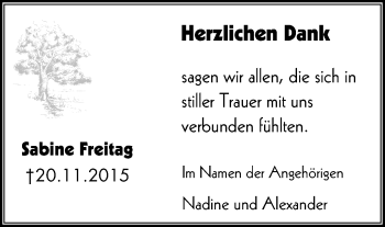 Traueranzeige von Sabine Freitag von wap Schwelm/Gevelsberg/Ennepetal