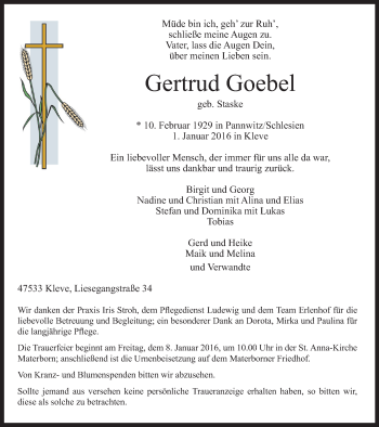 Traueranzeige von Gertrud Goebel von Klever Wochenblatt